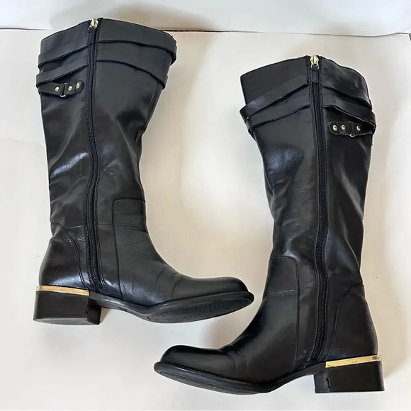 Franco Sarto Celeste Leather Knee High Boots Womens Size 6 M-W/C Black Gold - Picture 7 of 12